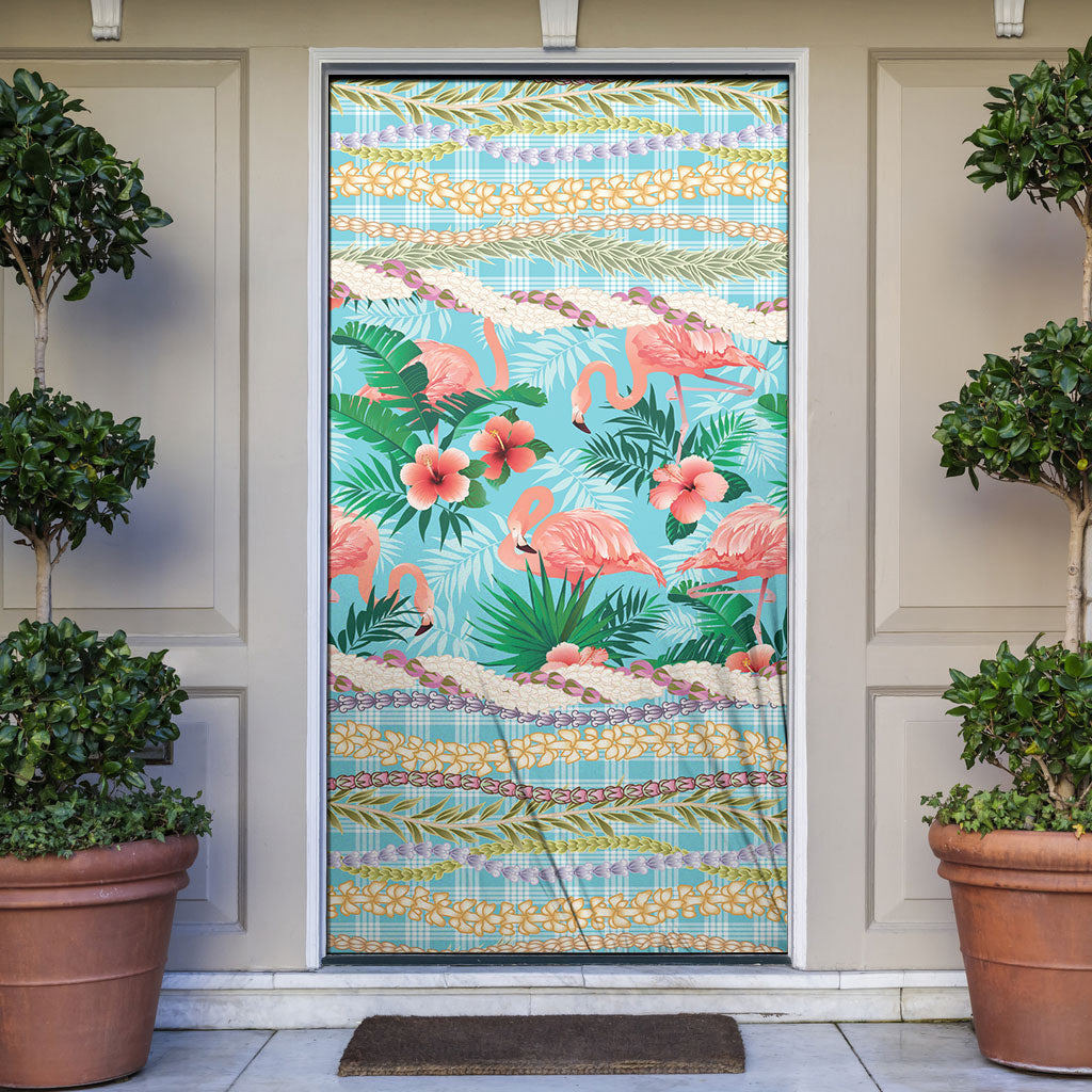 Flamingo Hawaii Summer Door Cover Hawaiian Lei Pakala Motifs Tropical Style