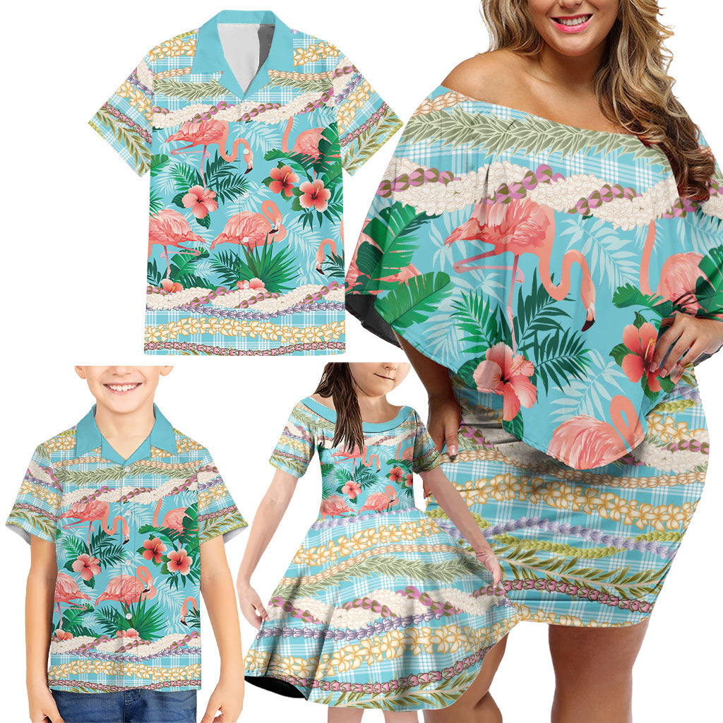 Flamingo Hawaii Summer Family Matching Off Shoulder Short Dress and Hawaiian Shirt Hawaiian Lei Pakala Motifs Tropical Style LT14 - Polynesian Pride