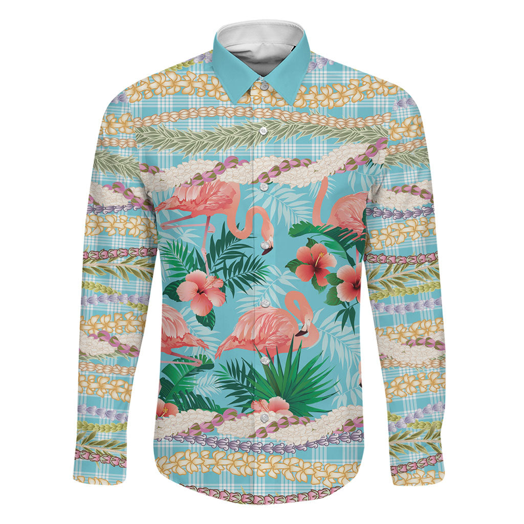 Flamingo Hawaii Summer Family Matching Off Shoulder Short Dress and Hawaiian Shirt Hawaiian Lei Pakala Motifs Tropical Style LT14 Dad's Shirt - Long Sleeve Cyan - Polynesian Pride