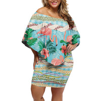 Flamingo Hawaii Summer Family Matching Off Shoulder Short Dress and Hawaiian Shirt Hawaiian Lei Pakala Motifs Tropical Style LT14 Mom's Dress Cyan - Polynesian Pride