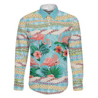 Flamingo Hawaii Summer Family Matching Summer Maxi Dress and Hawaiian Shirt Hawaiian Lei Pakala Motifs Tropical Style LT14 Dad's Shirt - Long Sleeve Cyan - Polynesian Pride