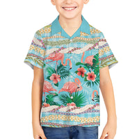 Flamingo Hawaii Summer Family Matching Summer Maxi Dress and Hawaiian Shirt Hawaiian Lei Pakala Motifs Tropical Style LT14 Son's Shirt Cyan - Polynesian Pride
