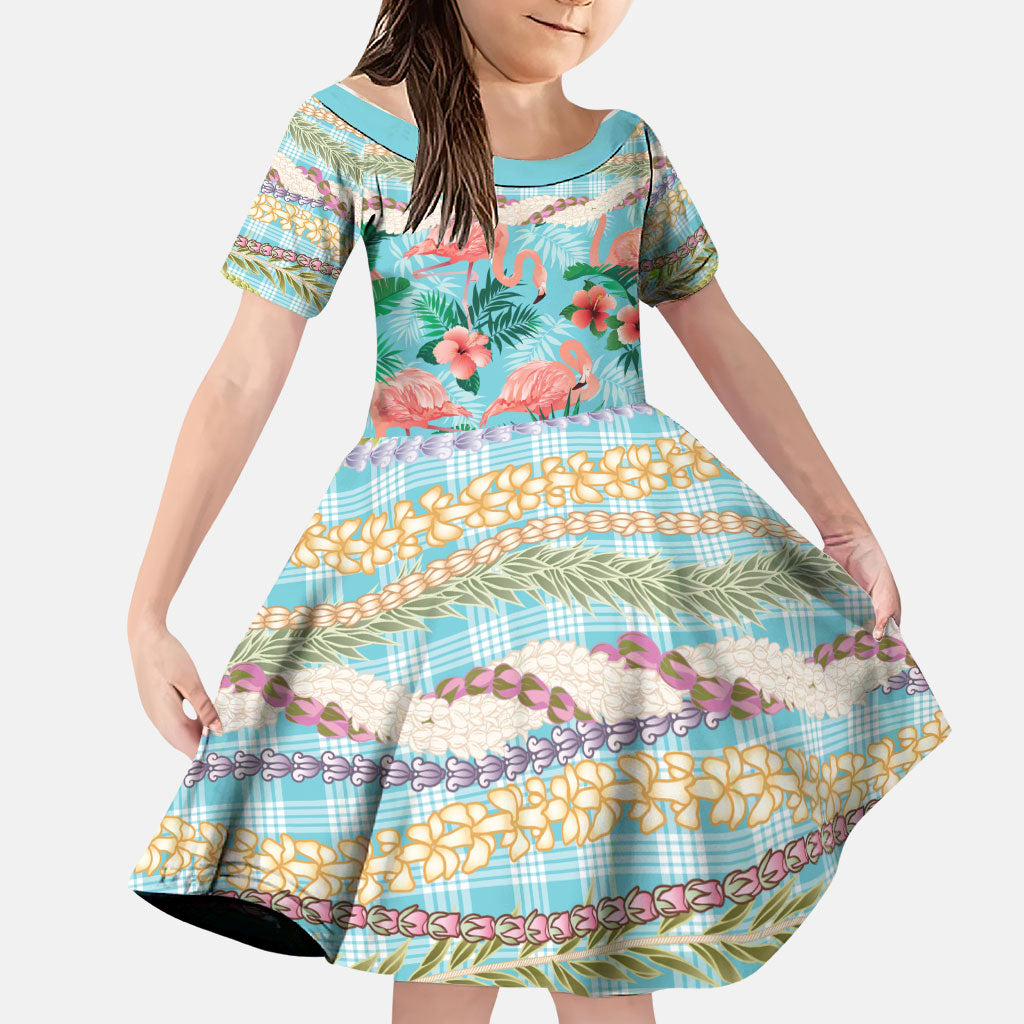 Flamingo Hawaii Summer Family Matching Tank Maxi Dress and Hawaiian Shirt Hawaiian Lei Pakala Motifs Tropical Style LT14 Daughter's Dress Cyan - Polynesian Pride