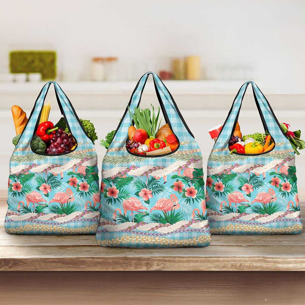 Flamingo Hawaii Summer Grocery Bag Hawaiian Lei Pakala Motifs Tropical Style LT14 3-pack One Size Cyan - Polynesian Pride