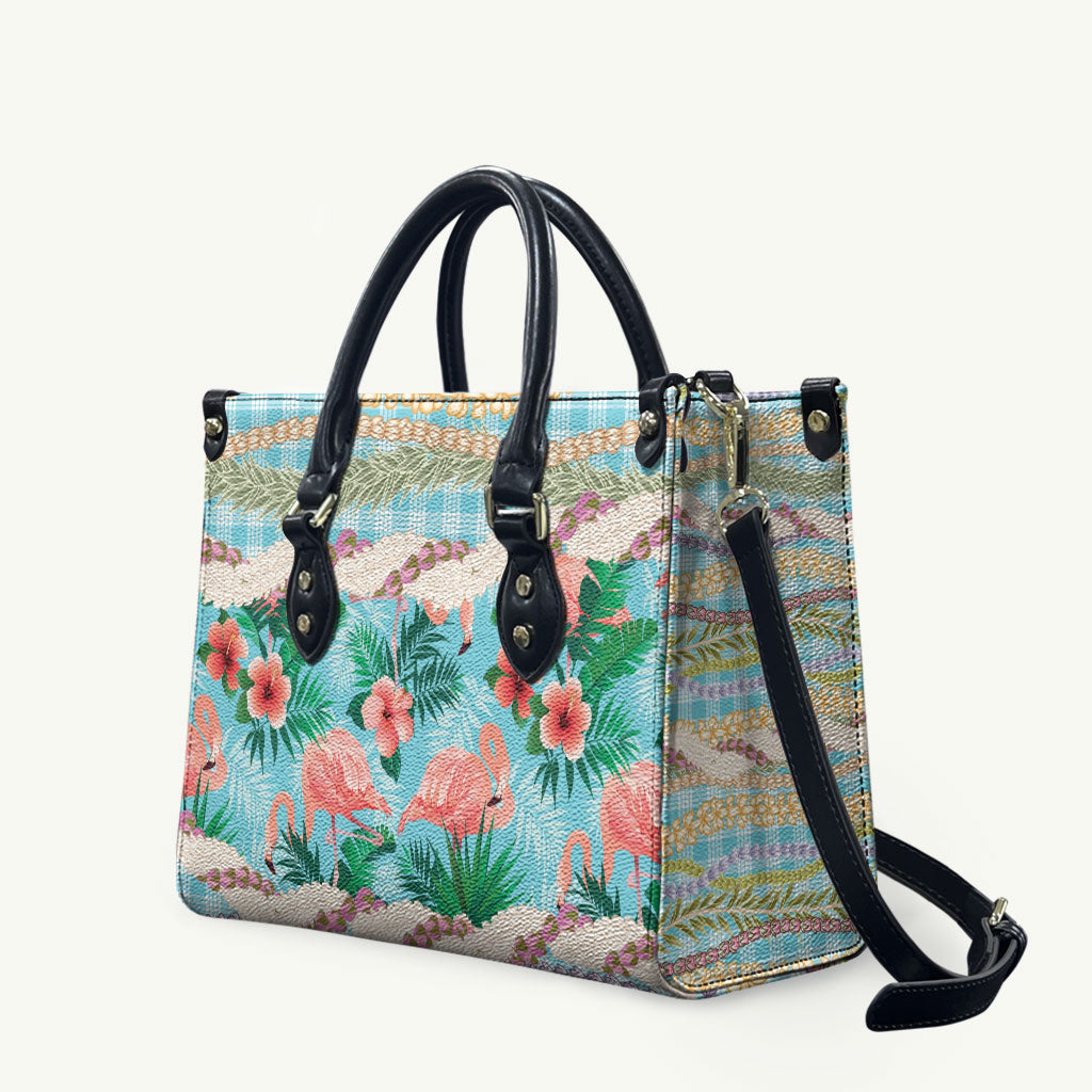 Flamingo Hawaii Summer Leather Bag Hawaiian Lei Pakala Motifs Tropical Style