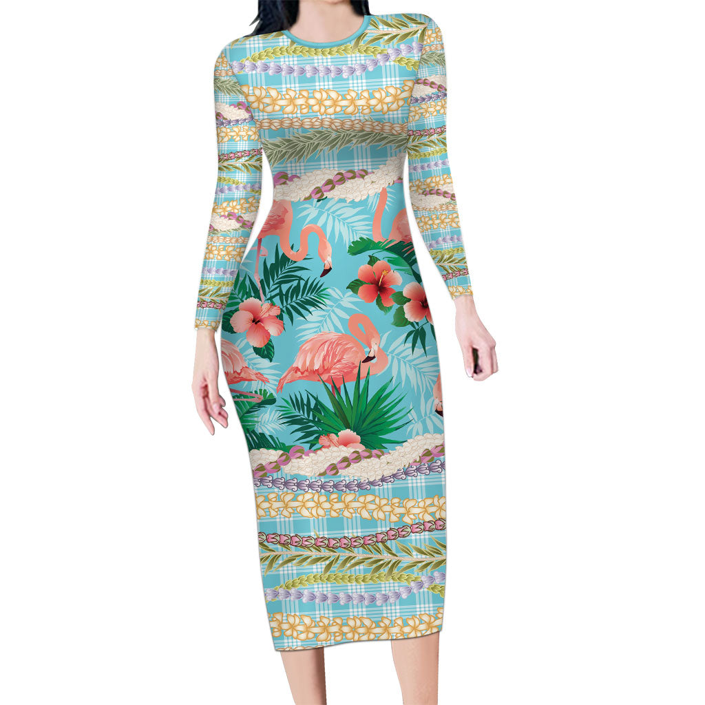 Flamingo Hawaii Summer Long Sleeve Bodycon Dress Hawaiian Lei Pakala Motifs Tropical Style LT14 Long Dress Cyan - Polynesian Pride