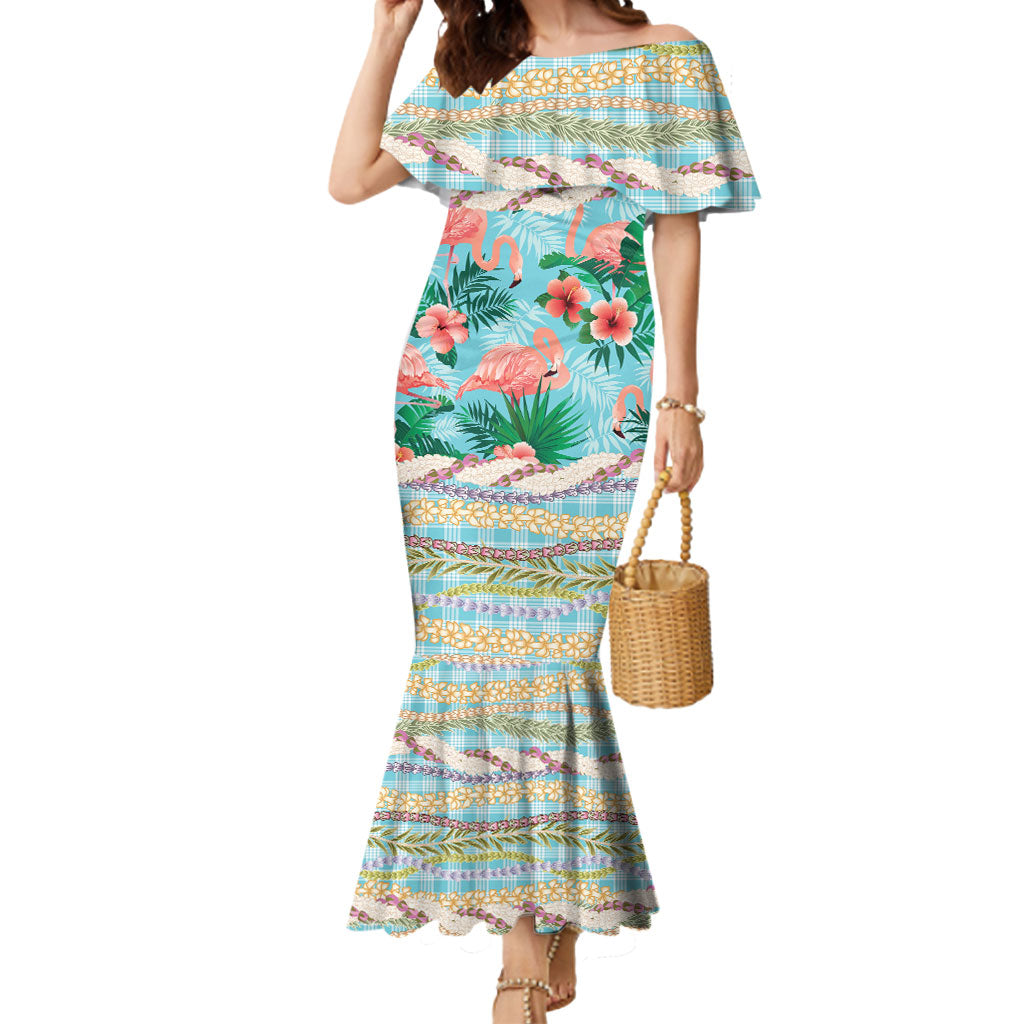Flamingo Hawaii Summer Mermaid Dress Hawaiian Lei Pakala Motifs Tropical Style LT14 Women Cyan - Polynesian Pride