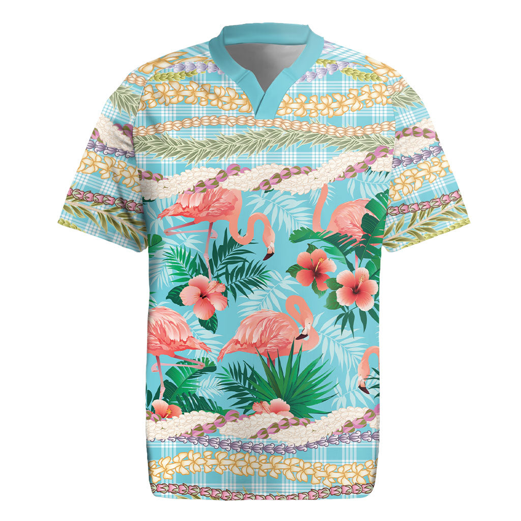 Flamingo Hawaii Summer Rugby Jersey Hawaiian Lei Pakala Motifs Tropical Style LT14 Cyan - Polynesian Pride