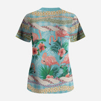 Flamingo Hawaii Summer Scrub Top Hawaiian Lei Pakala Motifs Tropical Style