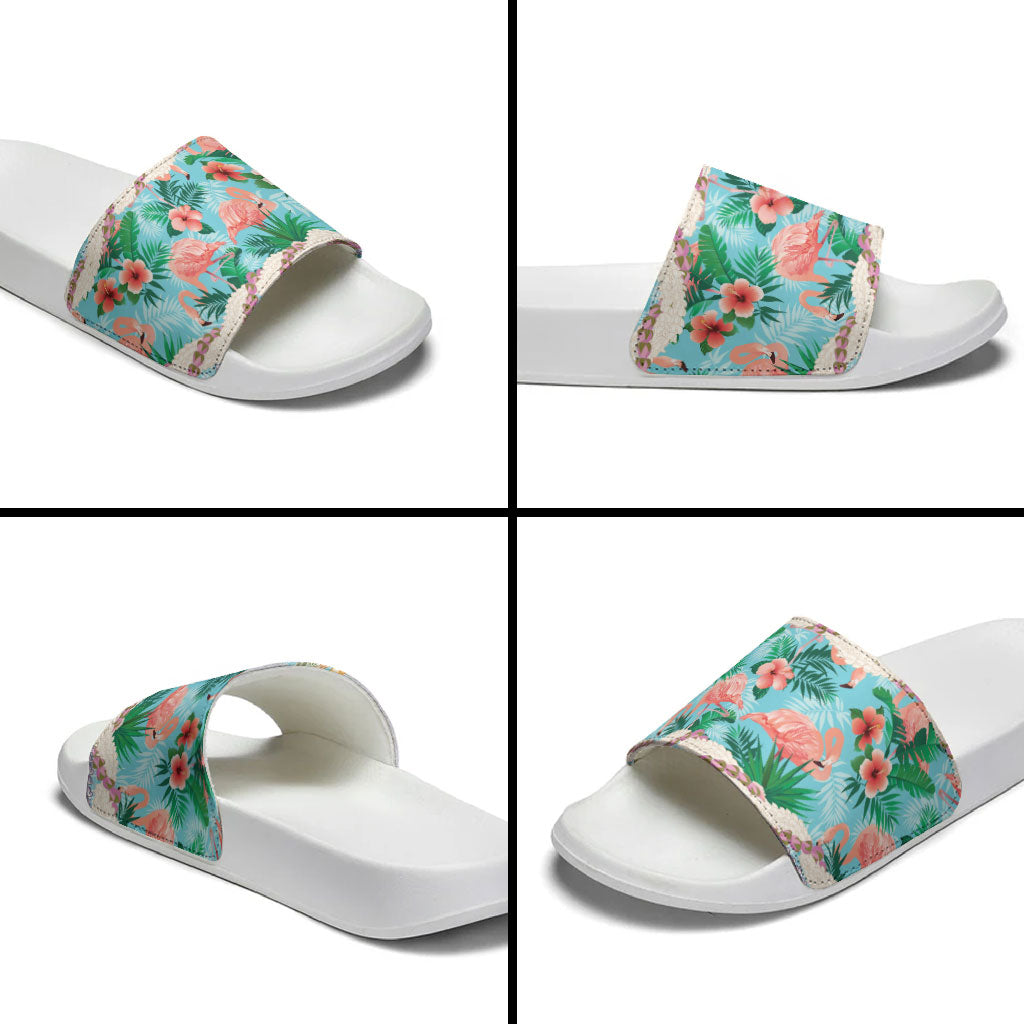 Flamingo Hawaii Summer Slide Sandals Hawaiian Lei Pakala Motifs Tropical Style