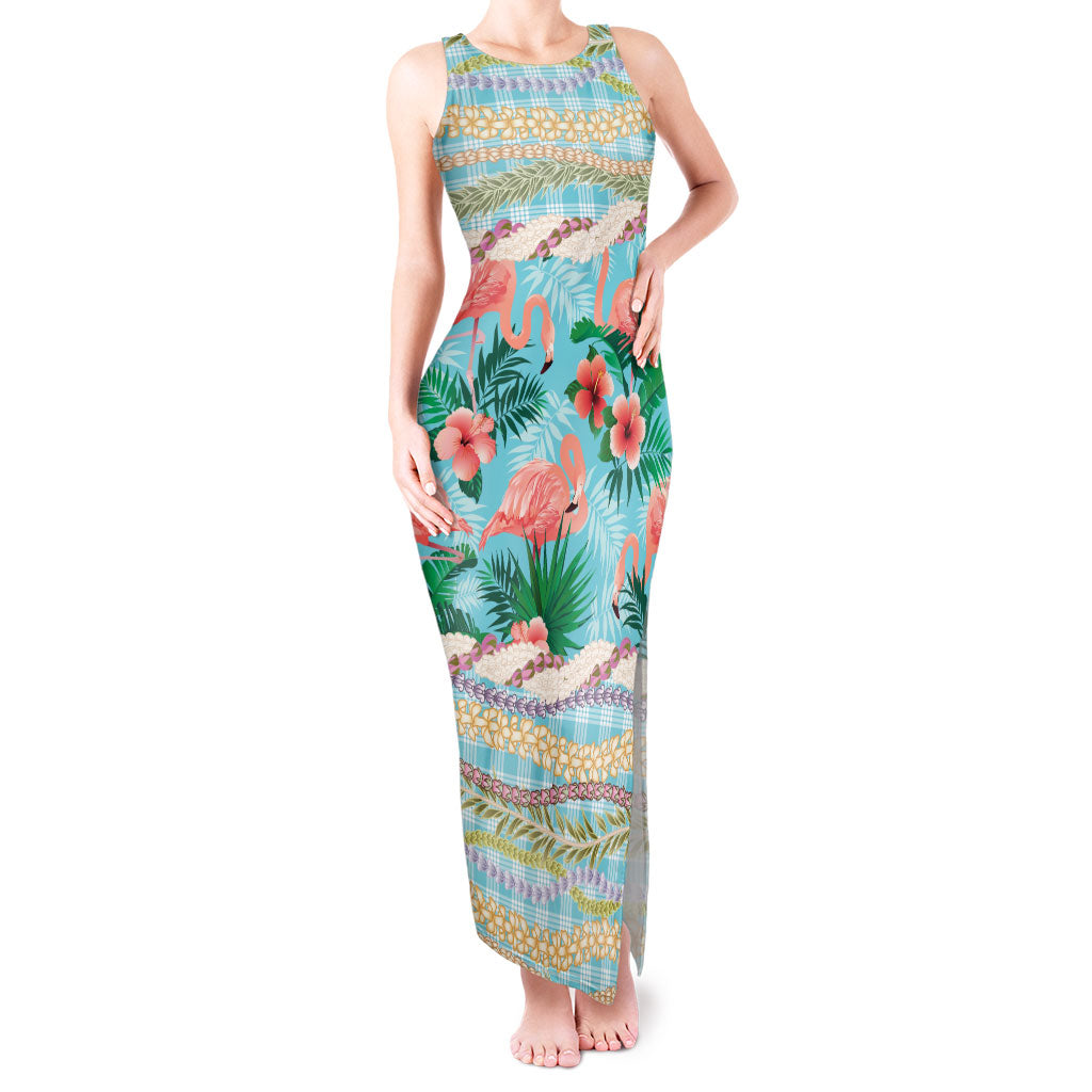Flamingo Hawaii Summer Tank Maxi Dress Hawaiian Lei Pakala Motifs Tropical Style LT14 Women Cyan - Polynesian Pride