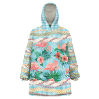 Flamingo Hawaii Summer Wearable Blanket Hoodie Hawaiian Lei Pakala Motifs Tropical Style LT14 One Size Cyan - Polynesian Pride