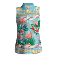 Flamingo Hawaii Summer Women Sleeveless Polo Shirt Hawaiian Lei Pakala Motifs Tropical Style LT14 Female Cyan - Polynesian Pride