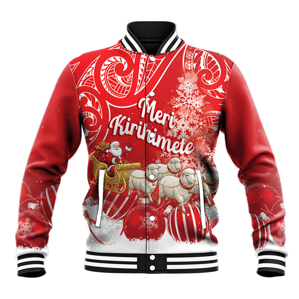 New Zealand Christmas In July Personalised Baseball Jacket Funny Santa Sheep Meri Kirihimete Red LT14 Unisex Red - Polynesian Pride