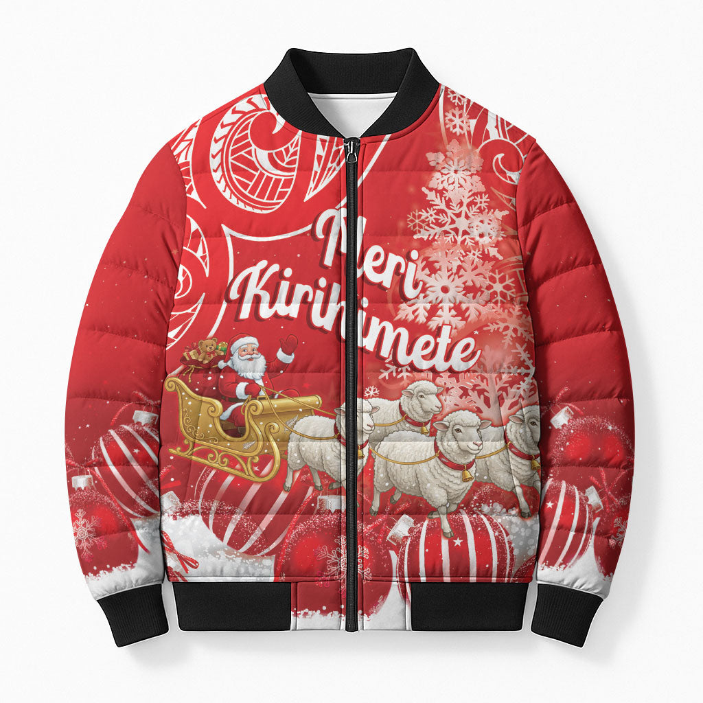 New Zealand Christmas In July Personalised Bomber Puffer Jacket Funny Santa Sheep Meri Kirihimete Red LT14 Unisex Red - Polynesian Pride