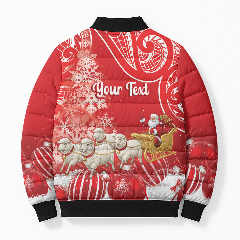 New Zealand Christmas In July Personalised Bomber Puffer Jacket Funny Santa Sheep Meri Kirihimete Red LT14 - Polynesian Pride