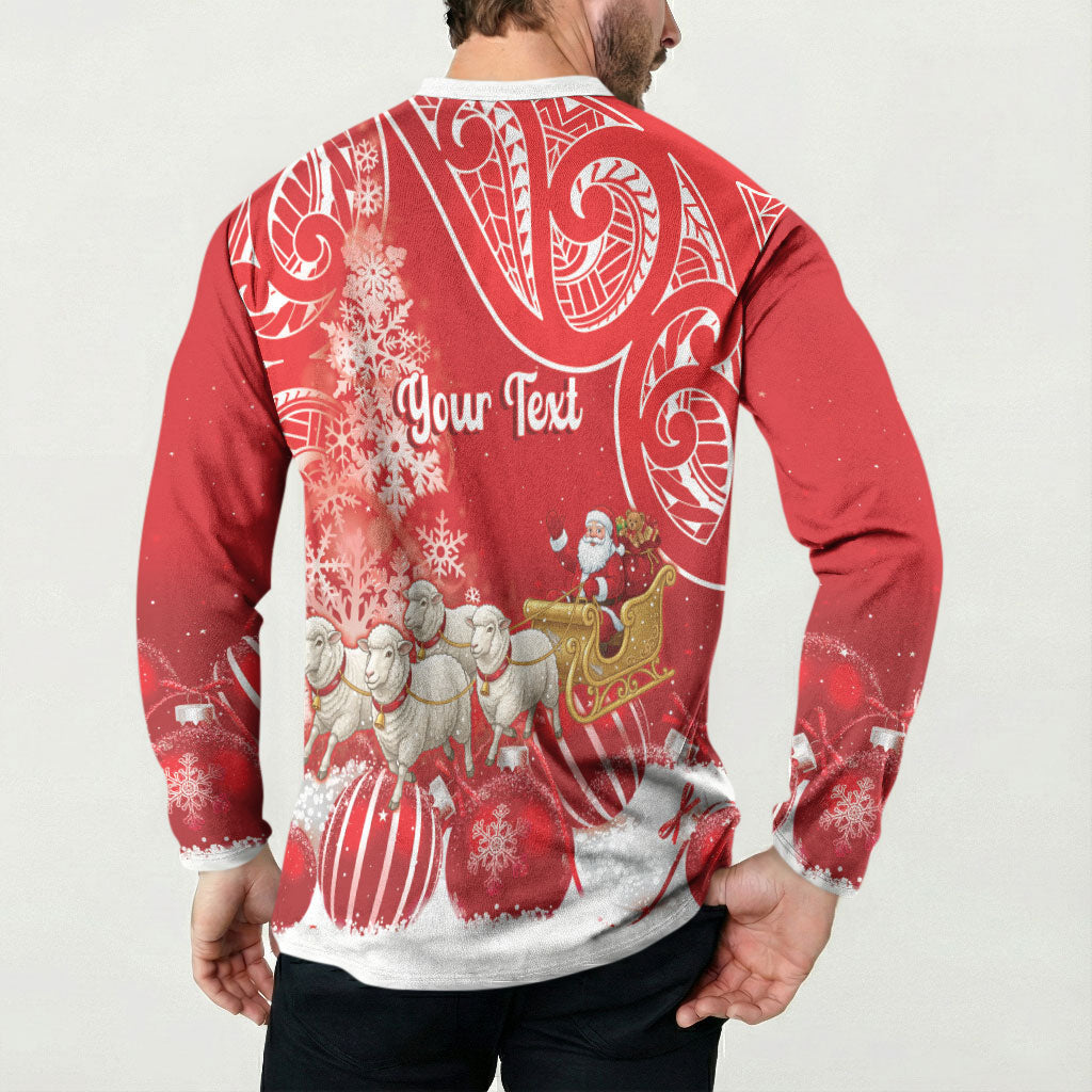 New Zealand Christmas In July Personalised Button Sweatshirt Funny Santa Sheep Meri Kirihimete Red LT14 - Polynesian Pride