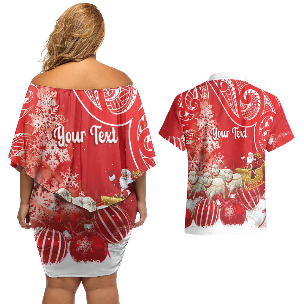 New Zealand Christmas In July Personalised Couples Matching Off Shoulder Short Dress and Hawaiian Shirt Funny Santa Sheep Meri Kirihimete Red LT14 - Polynesian Pride