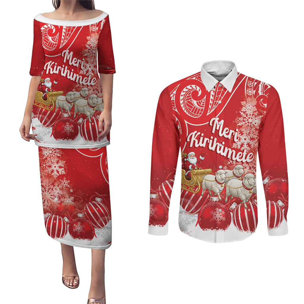 New Zealand Christmas In July Personalised Couples Matching Puletasi and Long Sleeve Button Shirt Funny Santa Sheep Meri Kirihimete Red LT14 Red - Polynesian Pride