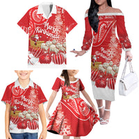New Zealand Christmas In July Personalised Family Matching Off The Shoulder Long Sleeve Dress and Hawaiian Shirt Funny Santa Sheep Meri Kirihimete Red LT14 - Polynesian Pride