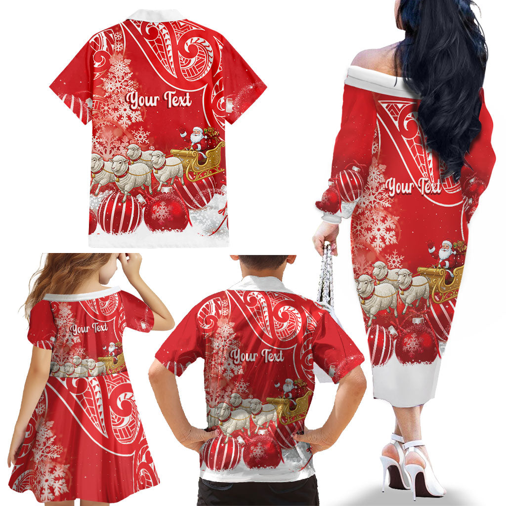 New Zealand Christmas In July Personalised Family Matching Off The Shoulder Long Sleeve Dress and Hawaiian Shirt Funny Santa Sheep Meri Kirihimete Red LT14 - Polynesian Pride