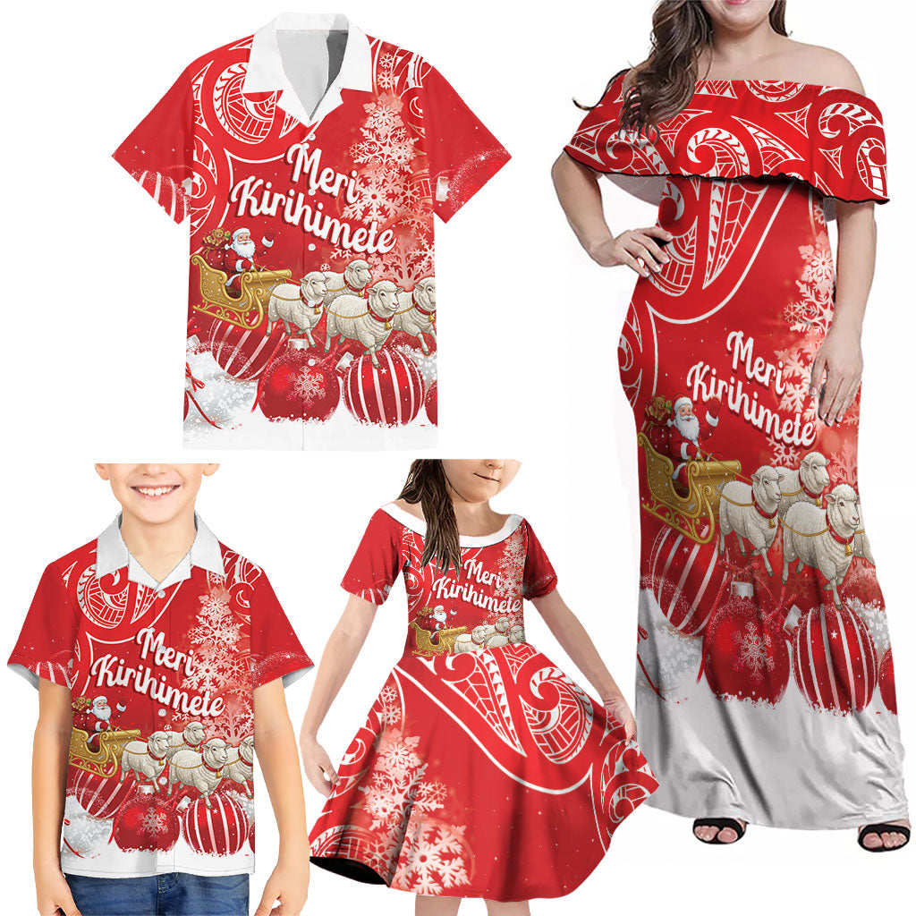 New Zealand Christmas In July Personalised Family Matching Off Shoulder Maxi Dress and Hawaiian Shirt Funny Santa Sheep Meri Kirihimete Red LT14 - Polynesian Pride
