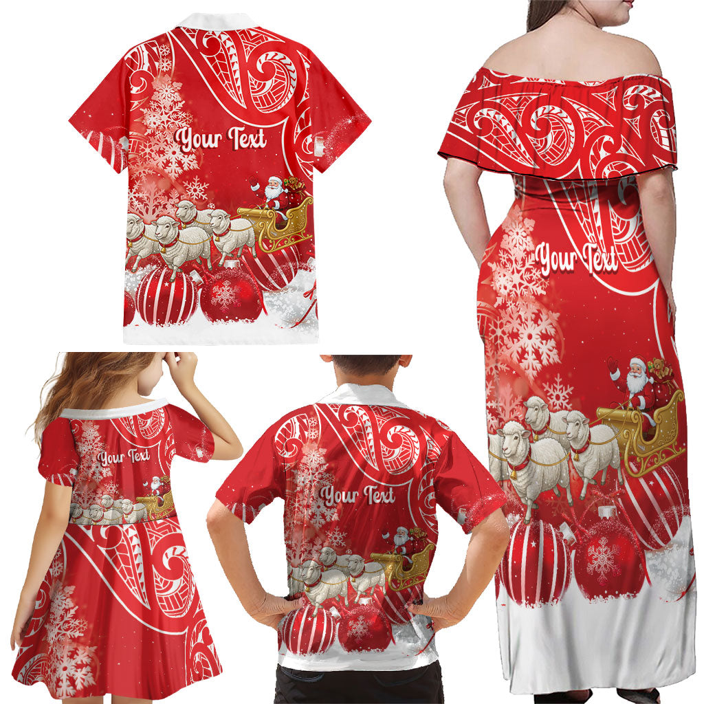 New Zealand Christmas In July Personalised Family Matching Off Shoulder Maxi Dress and Hawaiian Shirt Funny Santa Sheep Meri Kirihimete Red LT14 - Polynesian Pride