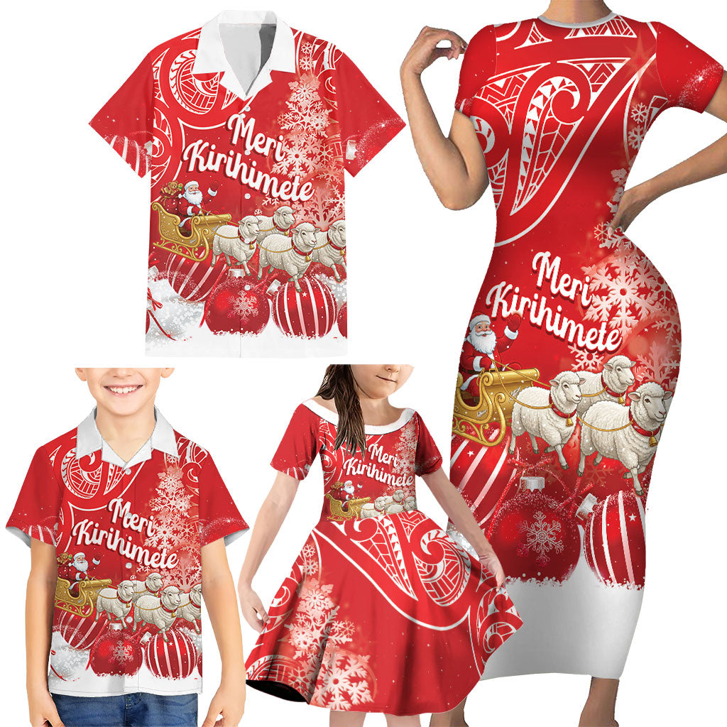 New Zealand Christmas In July Personalised Family Matching Short Sleeve Bodycon Dress and Hawaiian Shirt Funny Santa Sheep Meri Kirihimete Red LT14 - Polynesian Pride