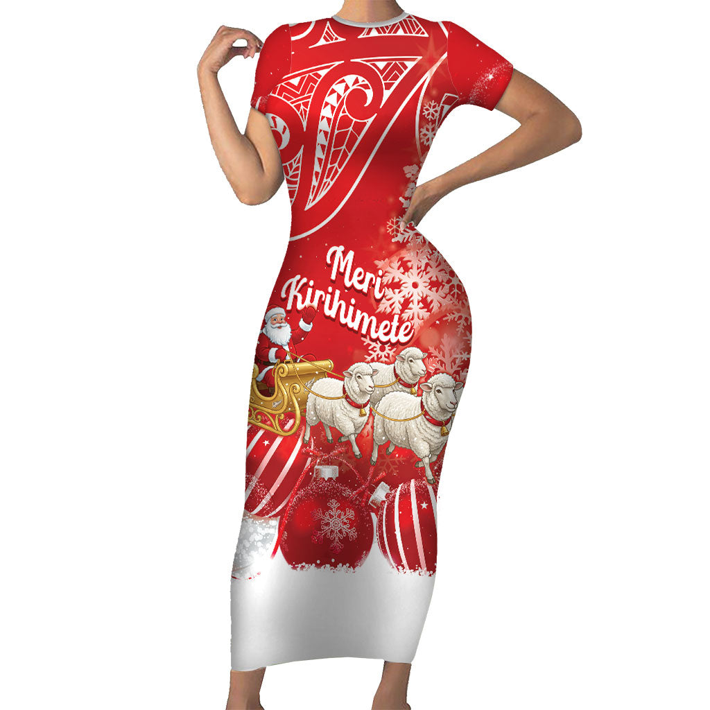 New Zealand Christmas In July Personalised Family Matching Short Sleeve Bodycon Dress and Hawaiian Shirt Funny Santa Sheep Meri Kirihimete Red LT14 Mom's Dress Red - Polynesian Pride