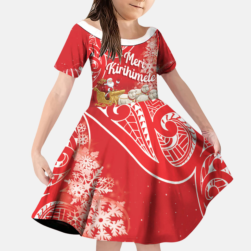 New Zealand Christmas In July Personalised Family Matching Tank Maxi Dress and Hawaiian Shirt Funny Santa Sheep Meri Kirihimete Red LT14 Daughter's Dress Red - Polynesian Pride