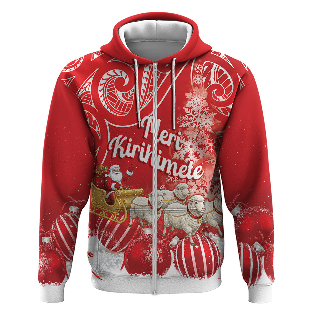 New Zealand Christmas In July Personalised Hoodie Funny Santa Sheep Meri Kirihimete Red LT14 Zip Hoodie Red - Polynesian Pride