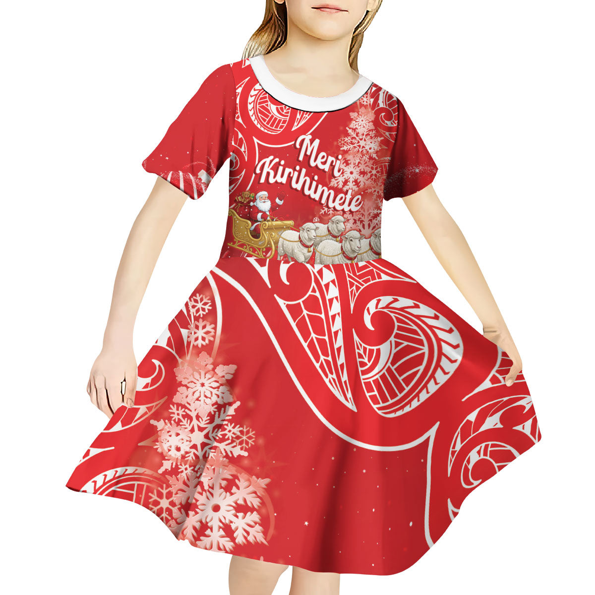 New Zealand Christmas In July Personalised Kid Short Sleeve Dress Funny Santa Sheep Meri Kirihimete Red LT14 - Polynesian Pride