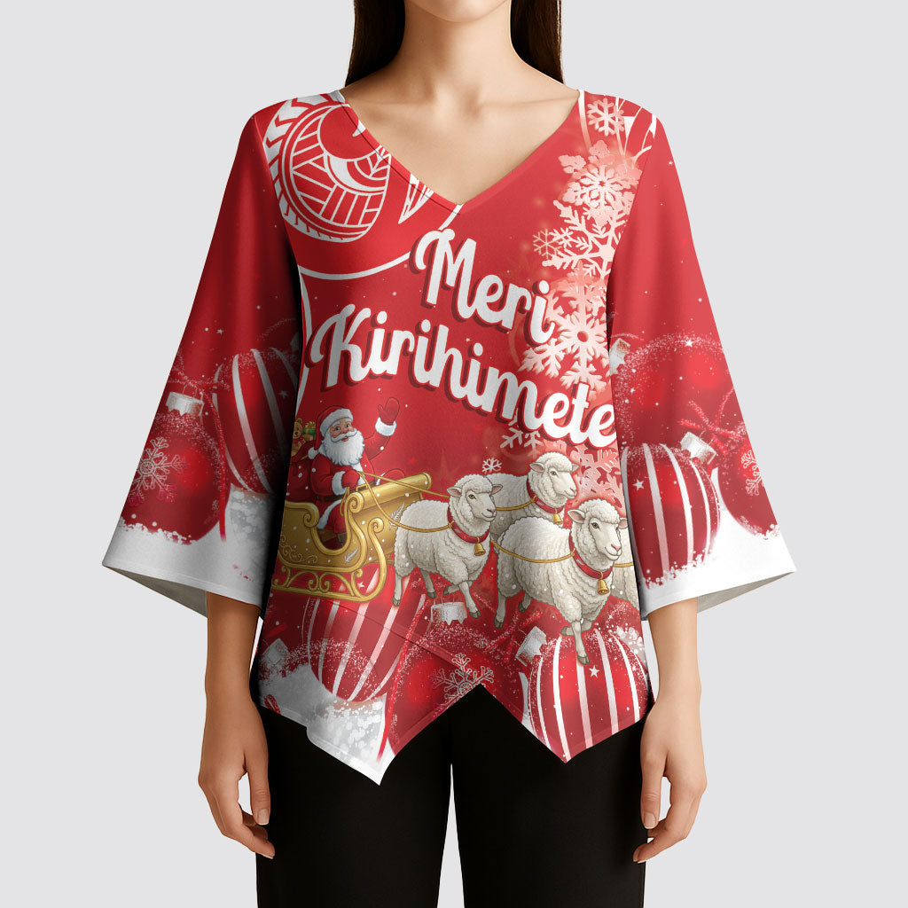 New Zealand Christmas In July Personalised Kimono Sleeve Blouse Funny Santa Sheep Meri Kirihimete Red LT14 - Polynesian Pride