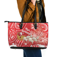 New Zealand Christmas In July Leather Tote Bag Funny Santa Sheep Meri Kirihimete Red LT14 - Polynesian Pride