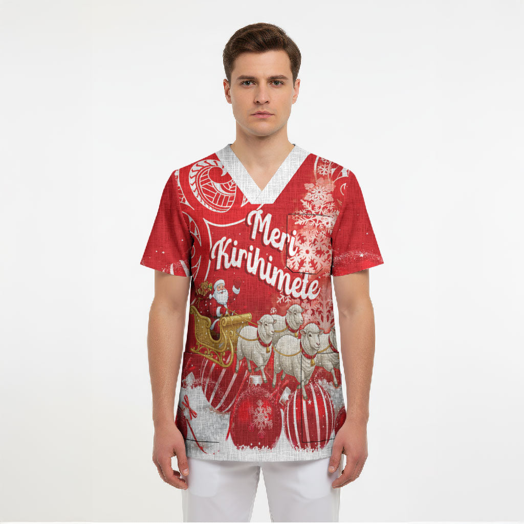 New Zealand Christmas In July Personalised Scrub Top Funny Santa Sheep Meri Kirihimete Red LT14 - Polynesian Pride