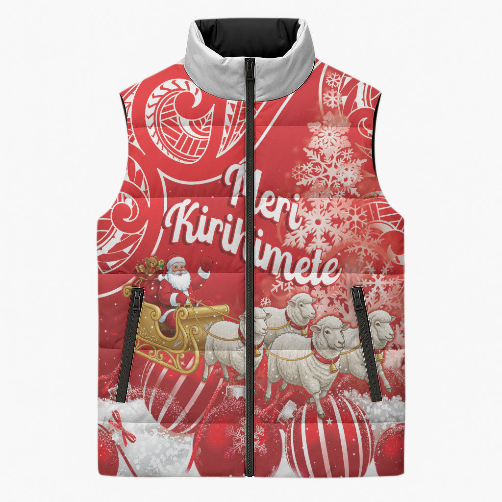 New Zealand Christmas In July Personalised Sleeveless Puffer Jacket Funny Santa Sheep Meri Kirihimete Red LT14 Unisex Red - Polynesian Pride
