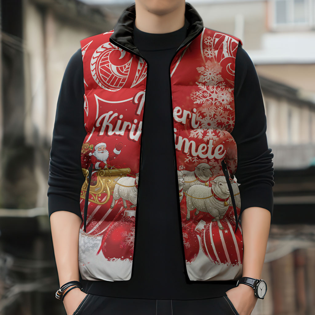 New Zealand Christmas In July Personalised Sleeveless Puffer Jacket Funny Santa Sheep Meri Kirihimete Red LT14 - Polynesian Pride
