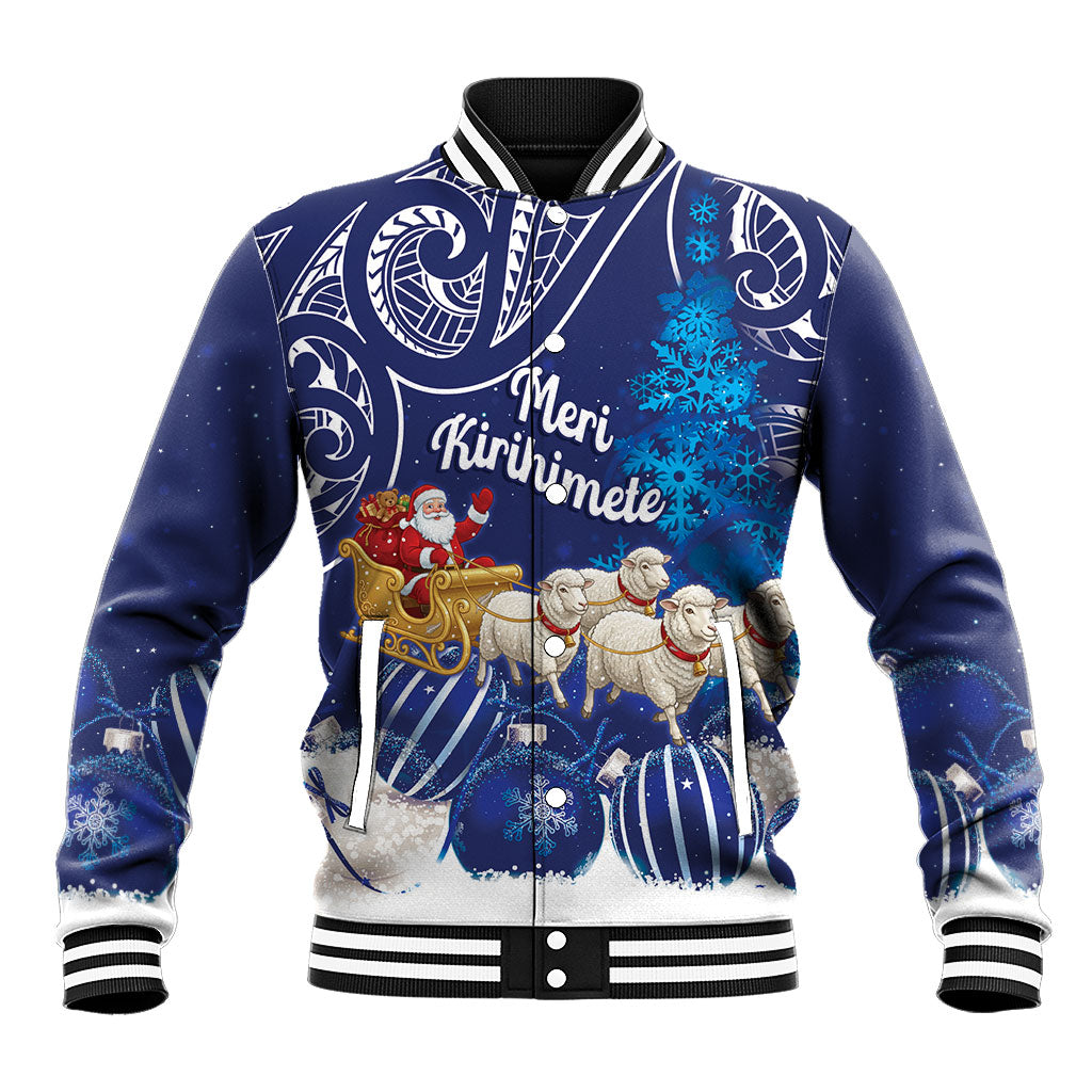 New Zealand Christmas In July Personalised Baseball Jacket Funny Santa Sheep Meri Kirihimete Blue LT14 Unisex Blue - Polynesian Pride