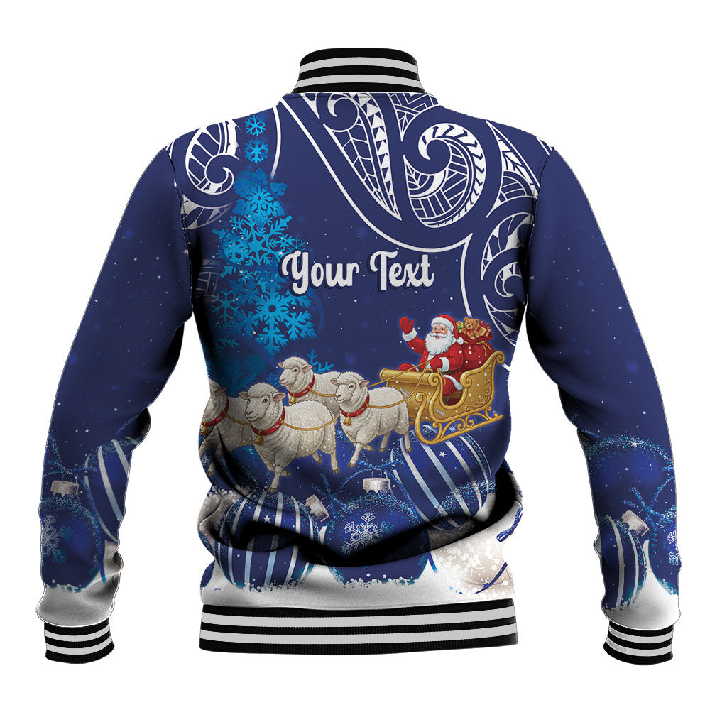 New Zealand Christmas In July Personalised Baseball Jacket Funny Santa Sheep Meri Kirihimete Blue LT14 - Polynesian Pride