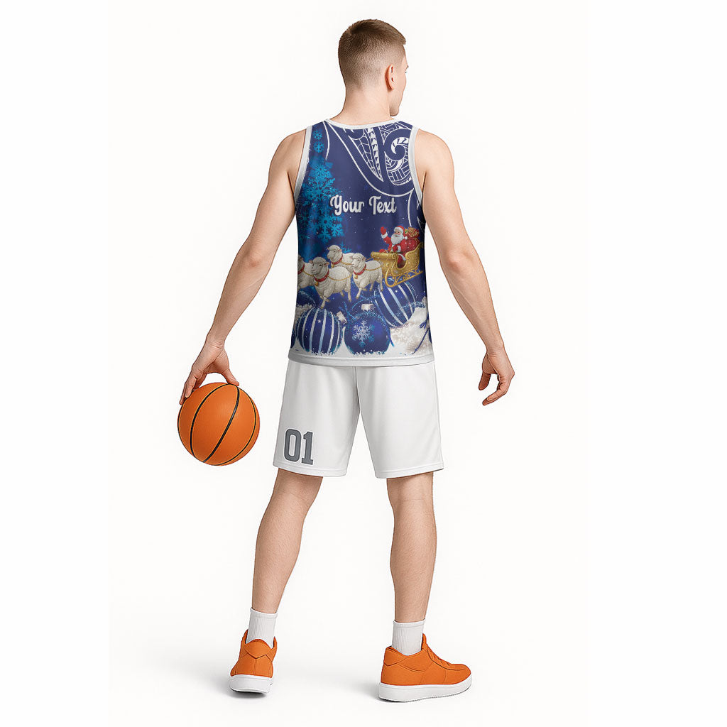 New Zealand Christmas In July Personalised Basketball Jersey Funny Santa Sheep Meri Kirihimete Blue LT14 - Polynesian Pride