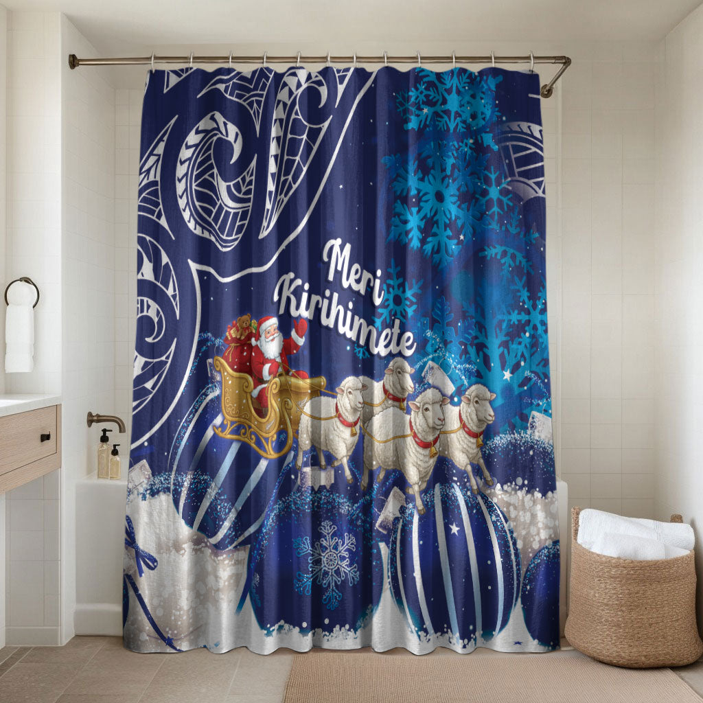 New Zealand Christmas In July Bathroom Set Funny Santa Sheep Meri Kirihimete Blue LT14 Shower Curtain Only Blue - Polynesian Pride