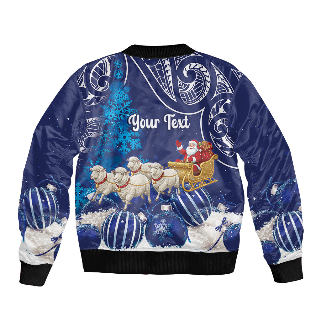 New Zealand Christmas In July Personalised Bomber Jacket Funny Santa Sheep Meri Kirihimete Blue LT14 - Polynesian Pride