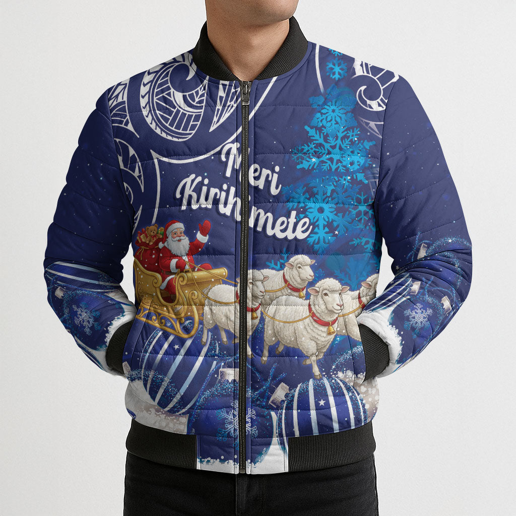 New Zealand Christmas In July Personalised Bomber Puffer Jacket Funny Santa Sheep Meri Kirihimete Blue LT14 - Polynesian Pride