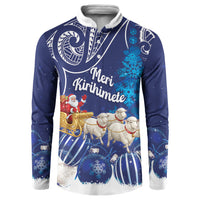 New Zealand Christmas In July Personalised Button Sweatshirt Funny Santa Sheep Meri Kirihimete Blue LT14 Blue - Polynesian Pride