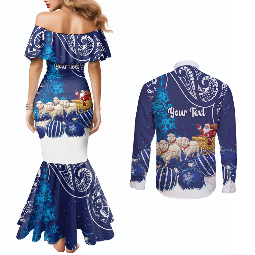 New Zealand Christmas In July Personalised Couples Matching Mermaid Dress and Long Sleeve Button Shirt Funny Santa Sheep Meri Kirihimete Blue LT14 - Polynesian Pride