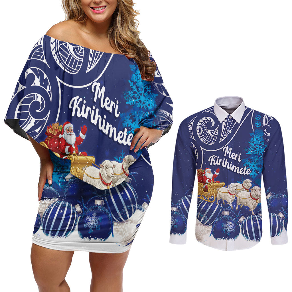 New Zealand Christmas In July Personalised Couples Matching Off Shoulder Short Dress and Long Sleeve Button Shirt Funny Santa Sheep Meri Kirihimete Blue LT14 Blue - Polynesian Pride