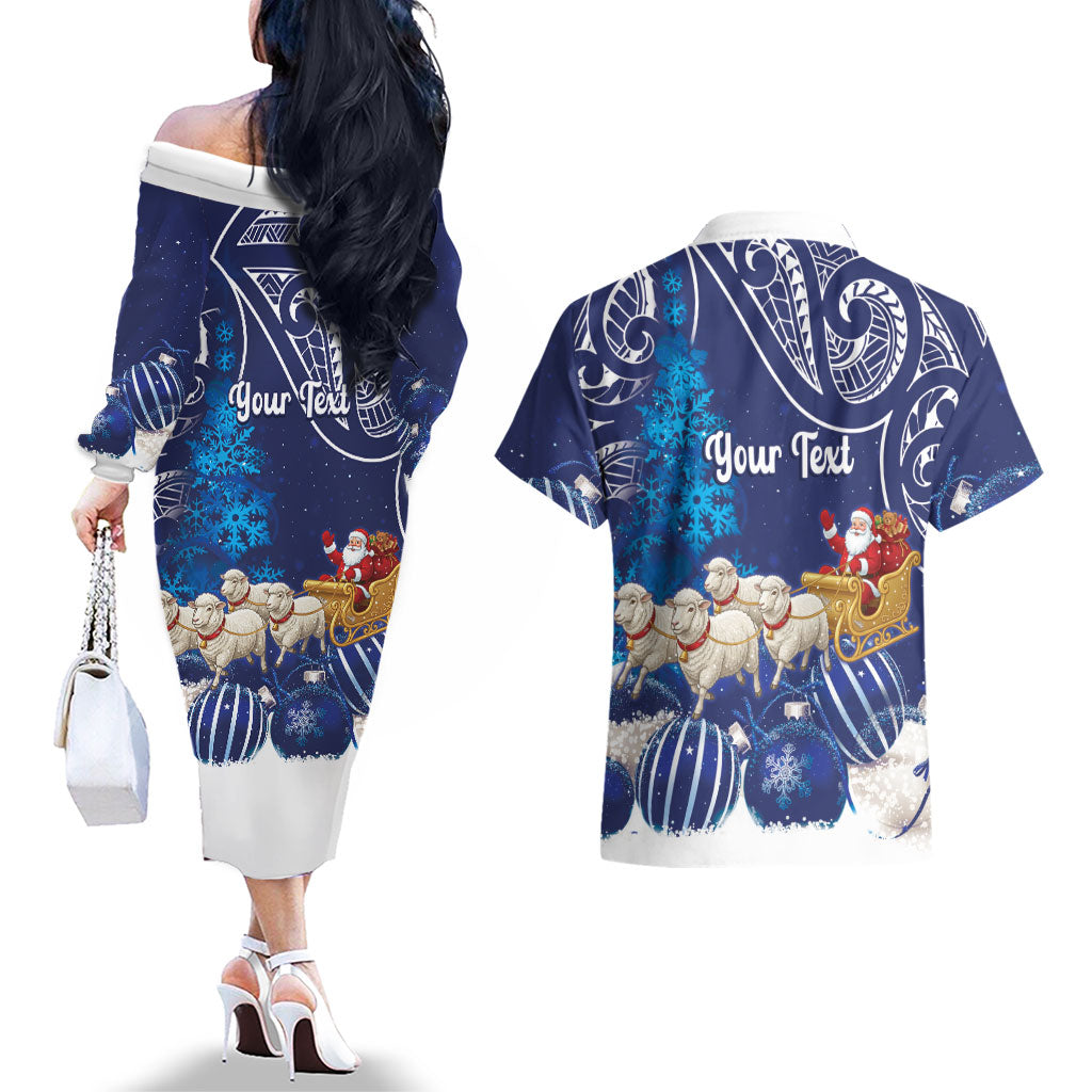 New Zealand Christmas In July Personalised Couples Matching Off The Shoulder Long Sleeve Dress and Hawaiian Shirt Funny Santa Sheep Meri Kirihimete Blue LT14 - Polynesian Pride