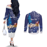 New Zealand Christmas In July Personalised Couples Matching Off The Shoulder Long Sleeve Dress and Long Sleeve Button Shirt Funny Santa Sheep Meri Kirihimete Blue LT14 - Polynesian Pride