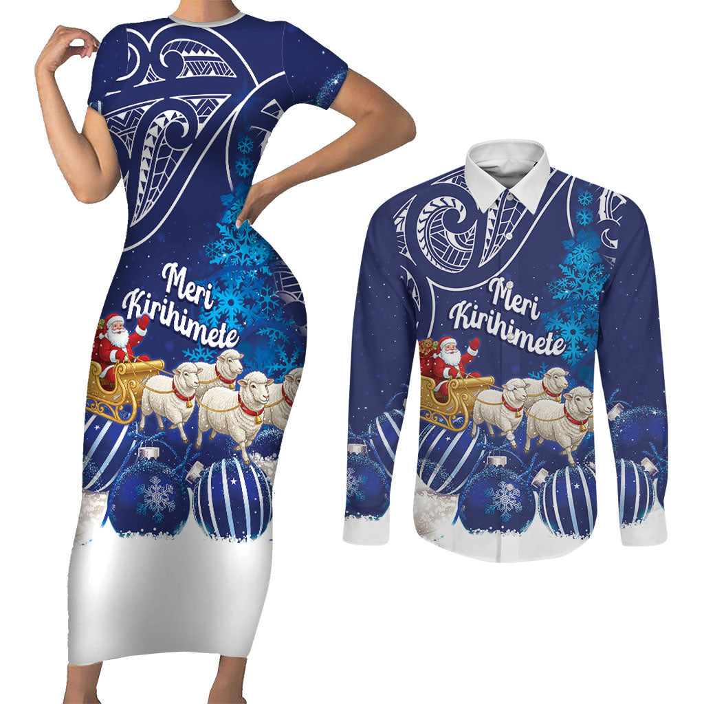 New Zealand Christmas In July Personalised Couples Matching Short Sleeve Bodycon Dress and Long Sleeve Button Shirt Funny Santa Sheep Meri Kirihimete Blue LT14 Blue - Polynesian Pride