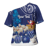 New Zealand Christmas In July Personalised Cross Shoulder Shirt Funny Santa Sheep Meri Kirihimete Blue LT14 - Polynesian Pride